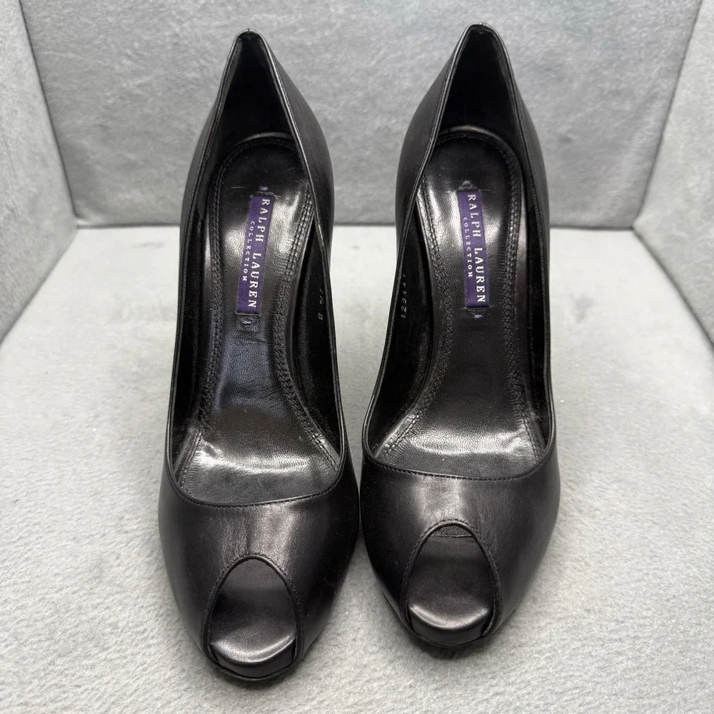 Ralph Lauren Collection Ranna Black Leather Peep-Toe Platform Pumps 7.5B